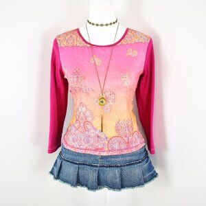 VTG 90s Y2K Pink Orange Velour Gradient Mandala Lace-Up Backless 3/4 Sleeve Top